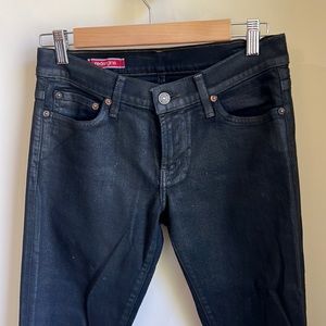 Red Engine black skinny jeans soft with a dressy wax like coating.
